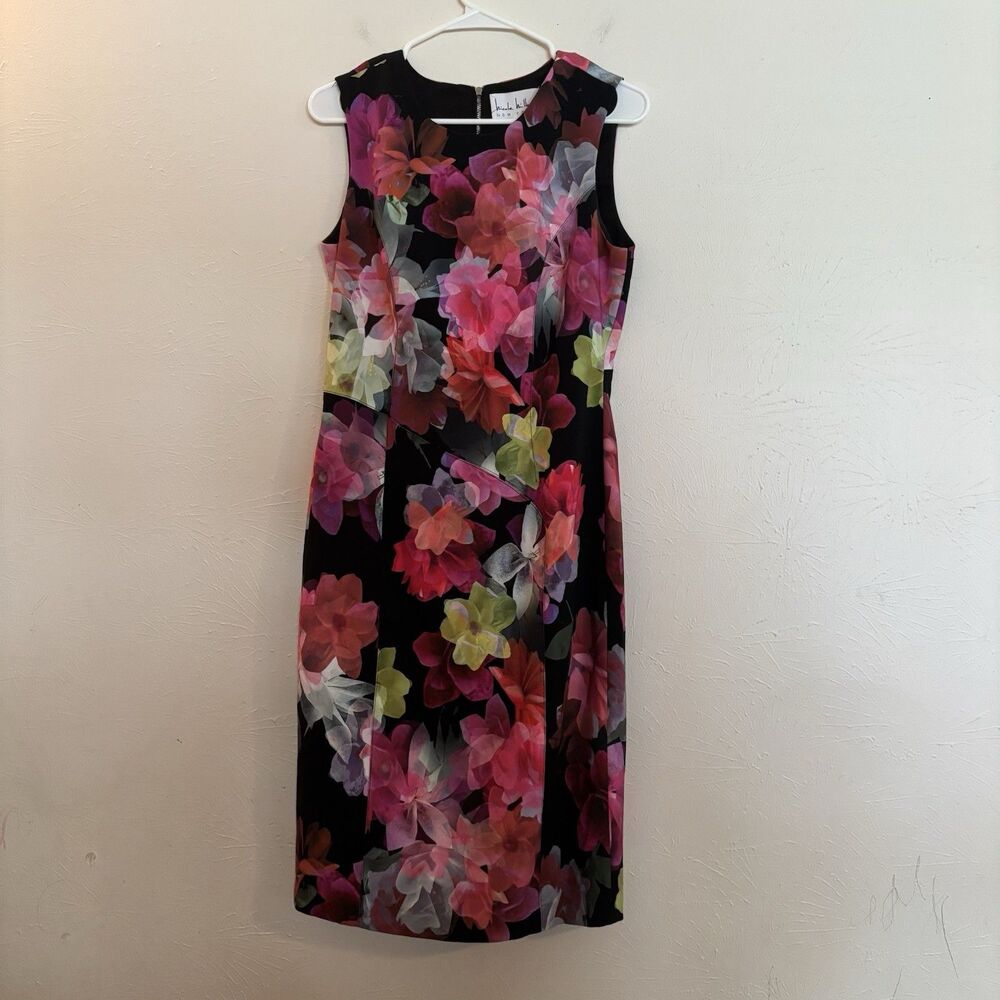 Nicole Miller New York Dress 8 Floral Pink Black Sleeveless Cocktail
